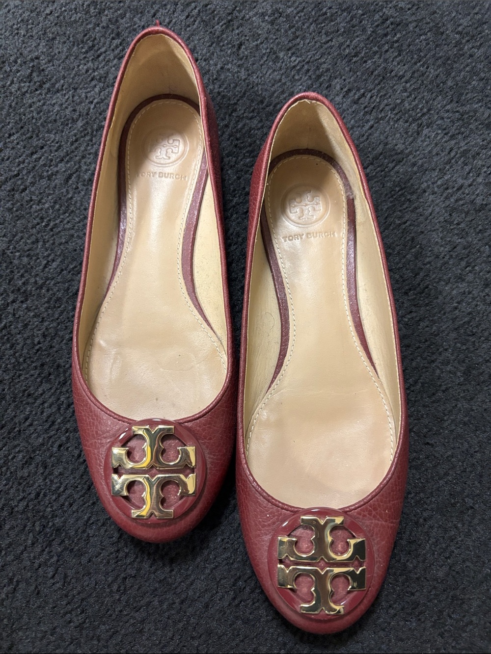 Tory Burch Burgundy Leather Logo Ballet Flats with Gold Medallion